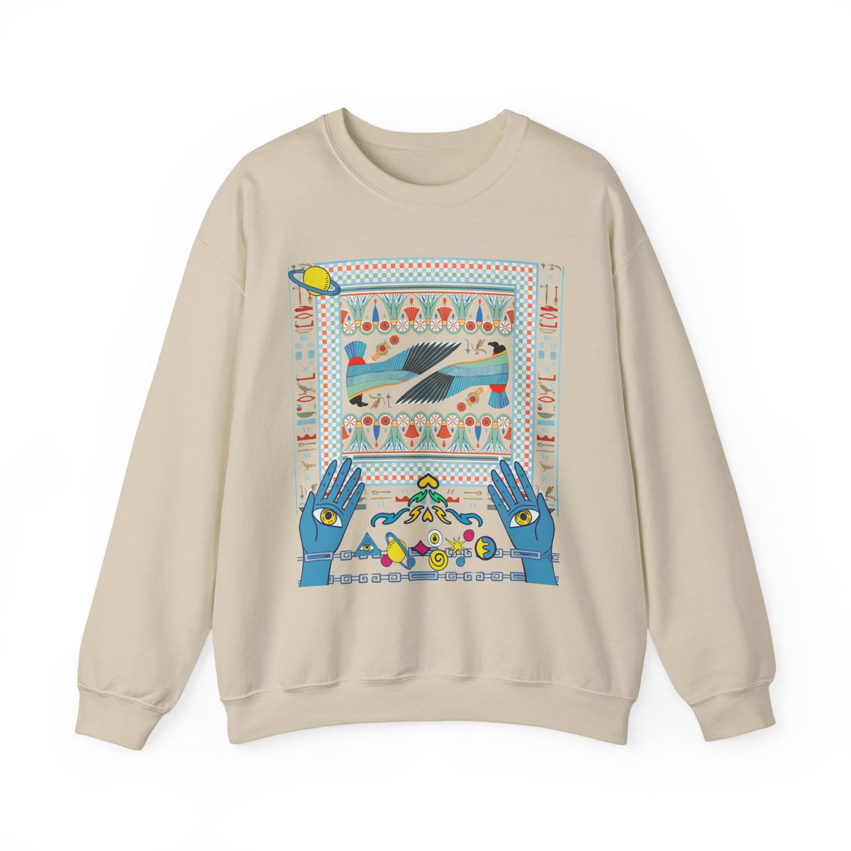 Folk Art Whale Sweatshirt - Boho Mystic Hands Crewneck, Retro Ocean Graphic Unisex Sweater
