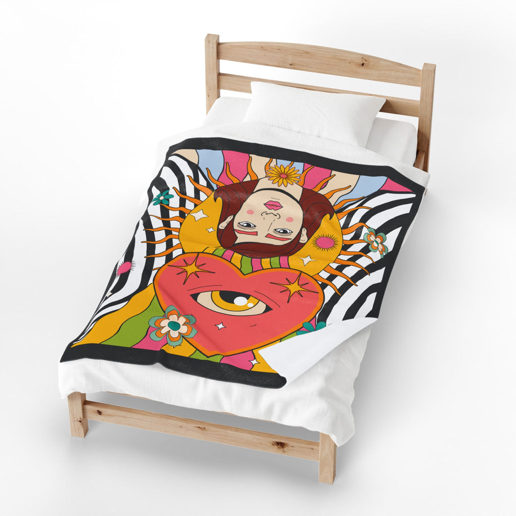 Psychedelic Heart Eye Illustration Velveteen Plush Blanket | Retro Rainbow Floral