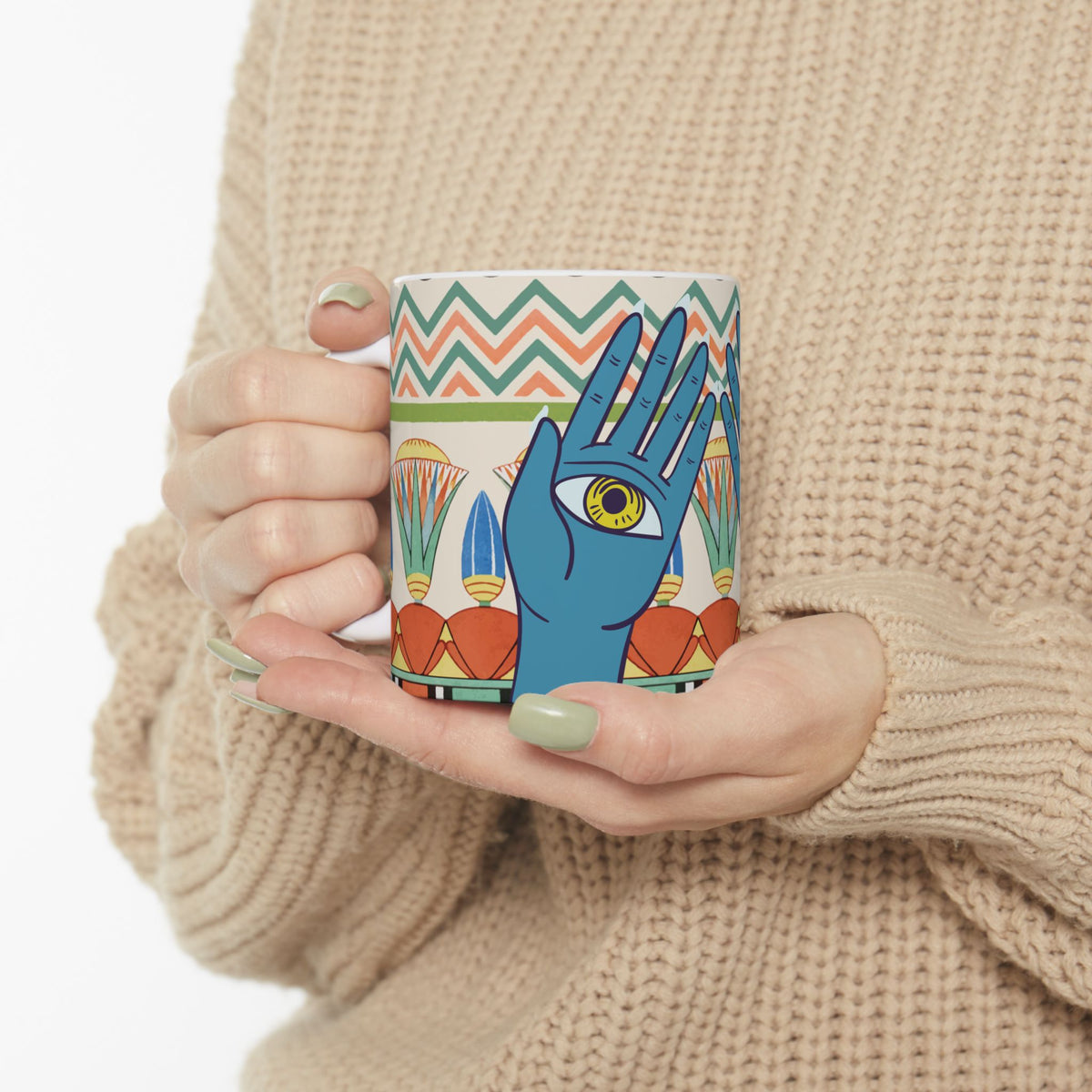 Mystic Hand Eyes Mug | Boho Tarot Illustration Ceramic Coffee Cup