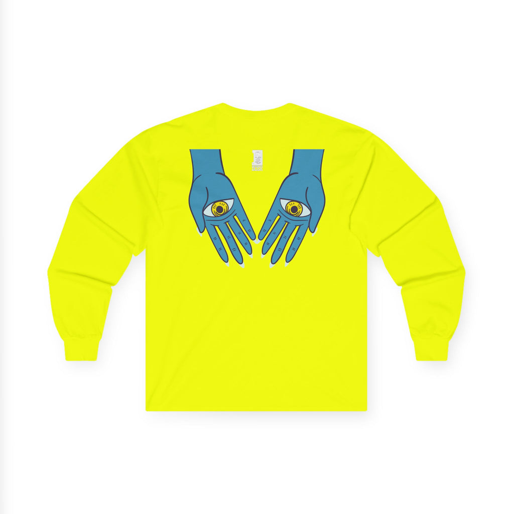 Psychedelic Sun Tiger Face long sleeve tee | Blue Hands Back Graphic
