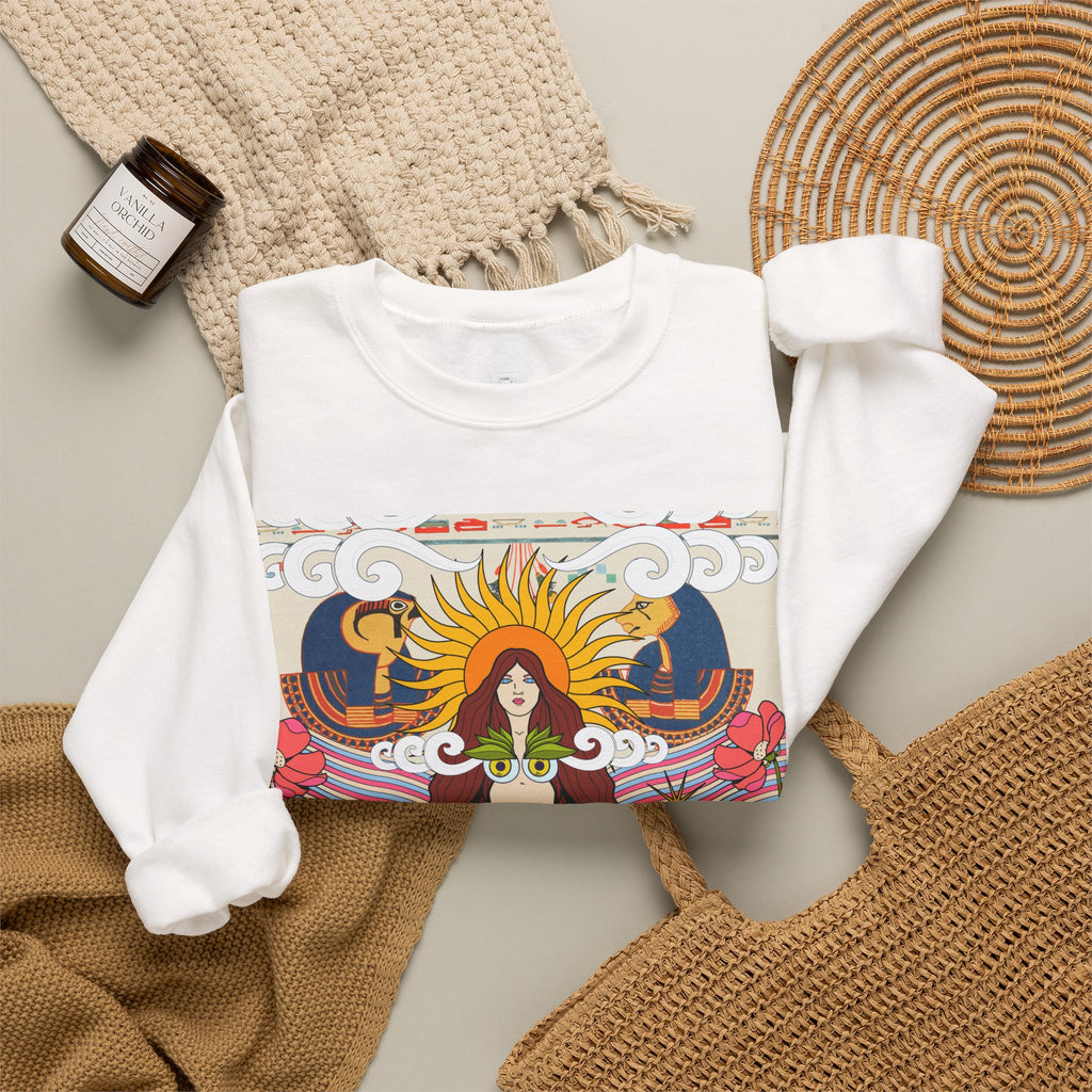 Sun Goddess Illustration Crewneck Sweatshirt | Retro Boho Floral Art