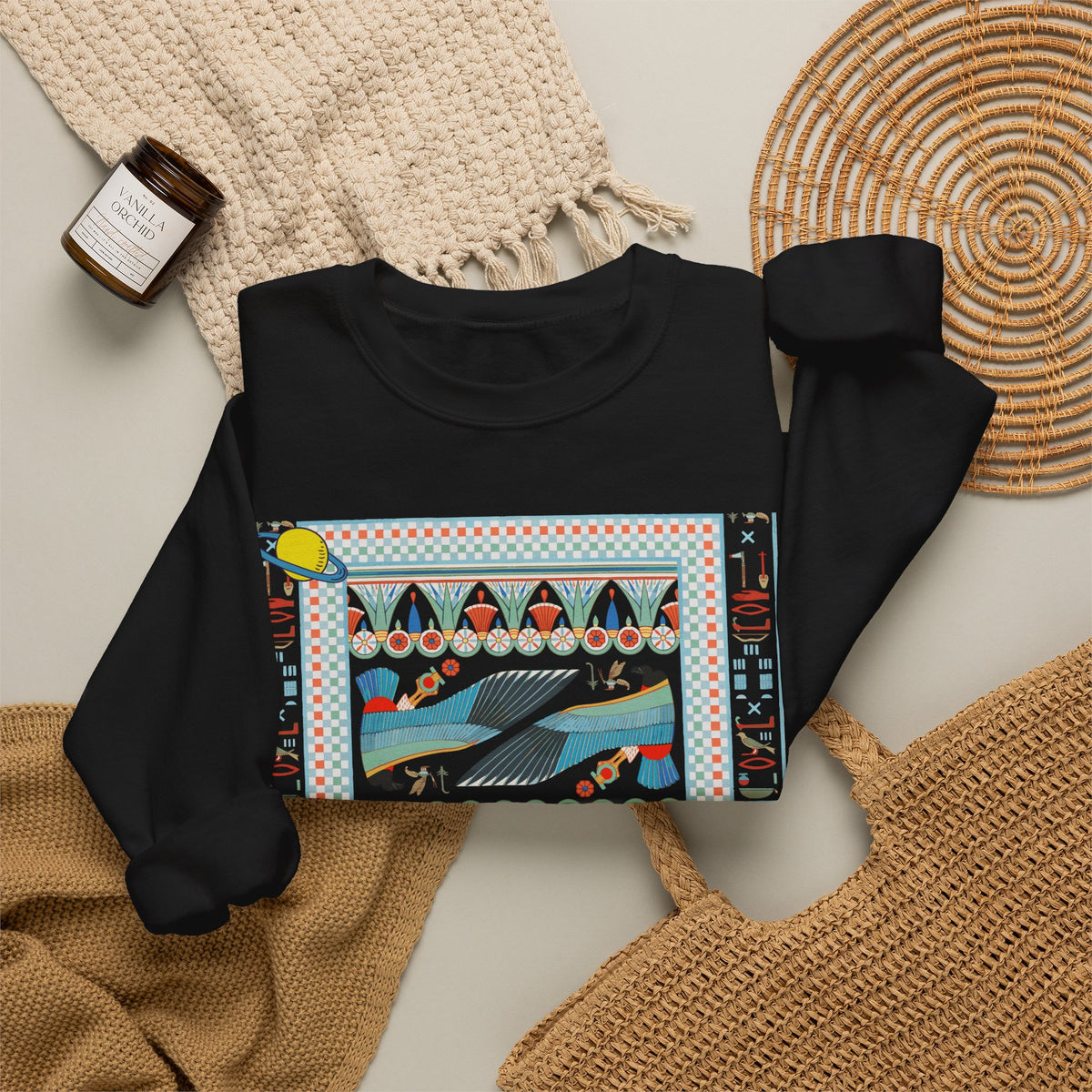 Folk Art Whale Sweatshirt - Boho Mystic Hands Crewneck, Retro Ocean Graphic Unisex Sweater