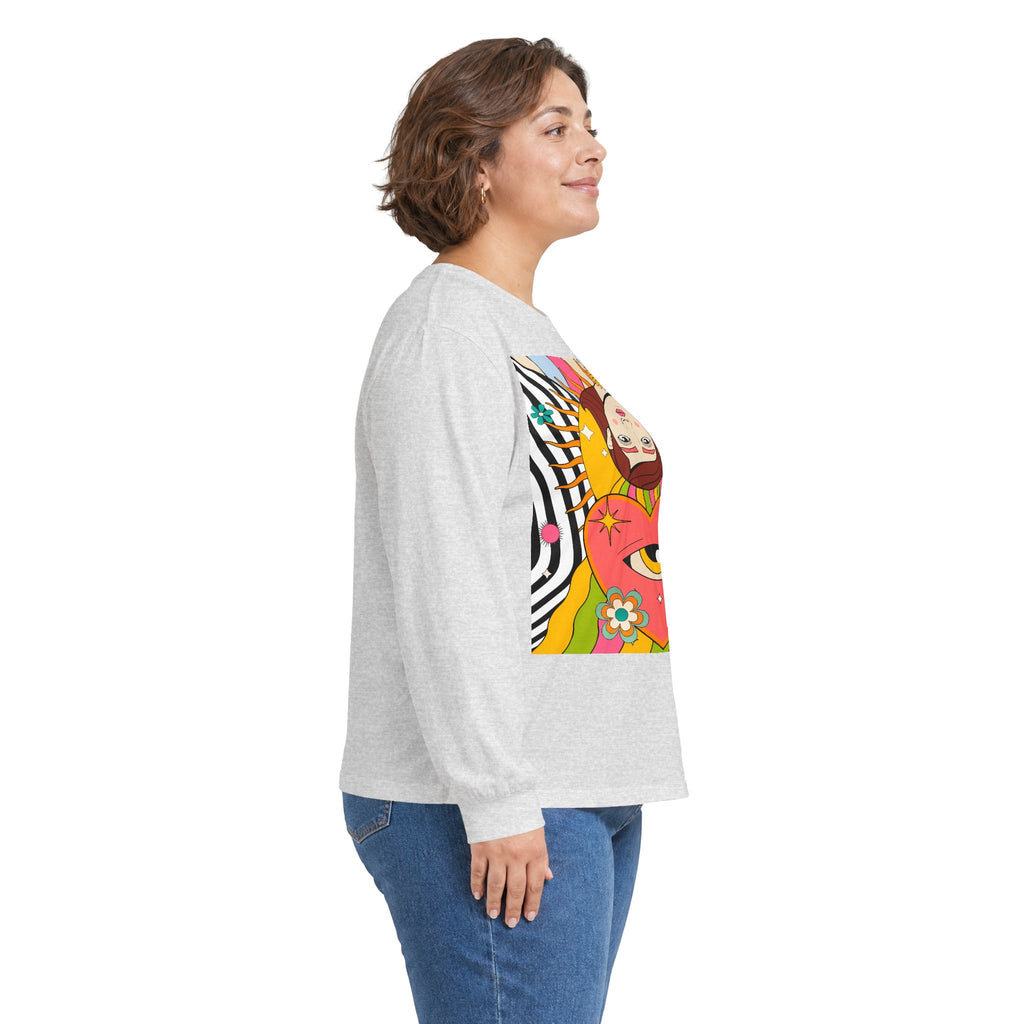 Psychedelic Sun Long Sleeve Shirt - Retro 70s Trippy Portrait Graphic Tee with Smiling Sun Back Print