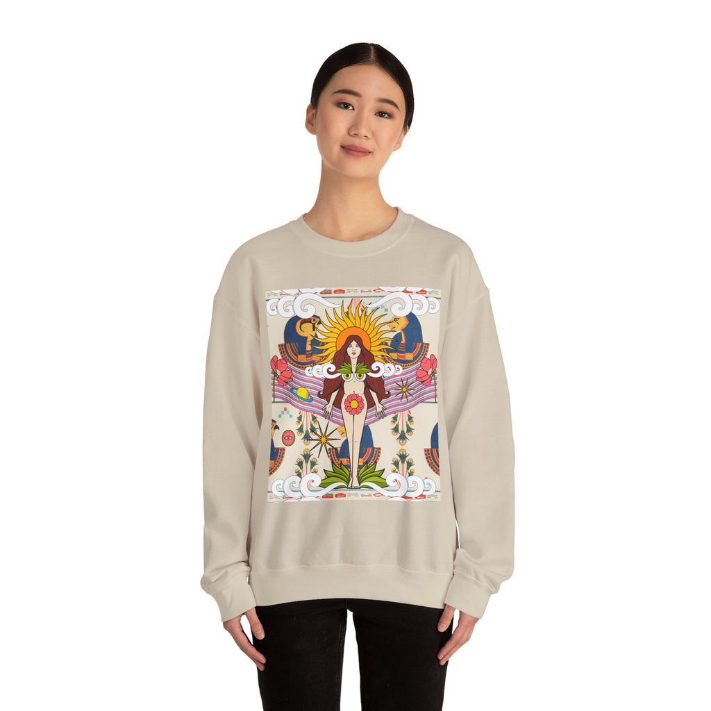 Sun Goddess Illustration Crewneck Sweatshirt | Retro Boho Floral Art