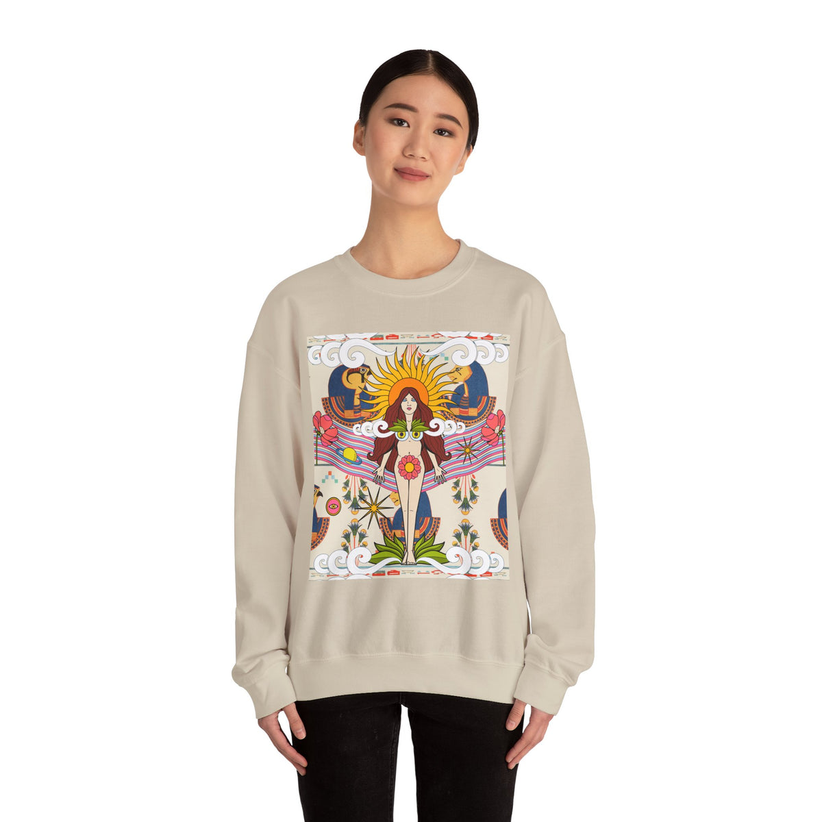 Sun Goddess Illustration Crewneck Sweatshirt | Retro Boho Floral Art