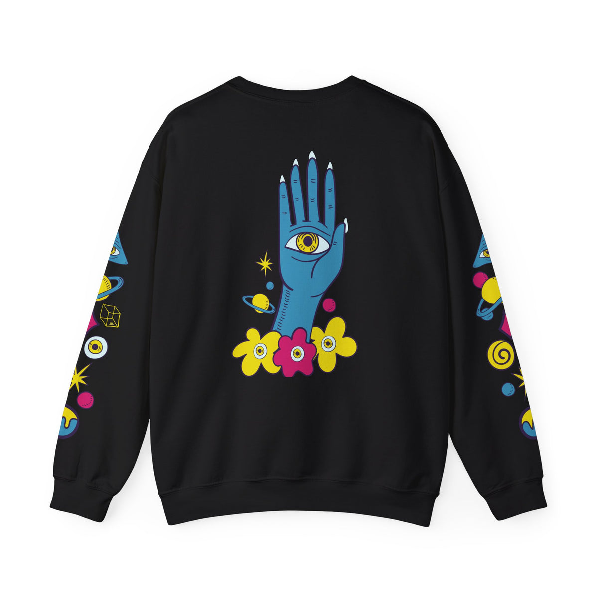 Psychedelic Third Eye Hand Sweatshirt - Cosmic All-Seeing Eye Crewneck with Neon Floral Sleeve Print