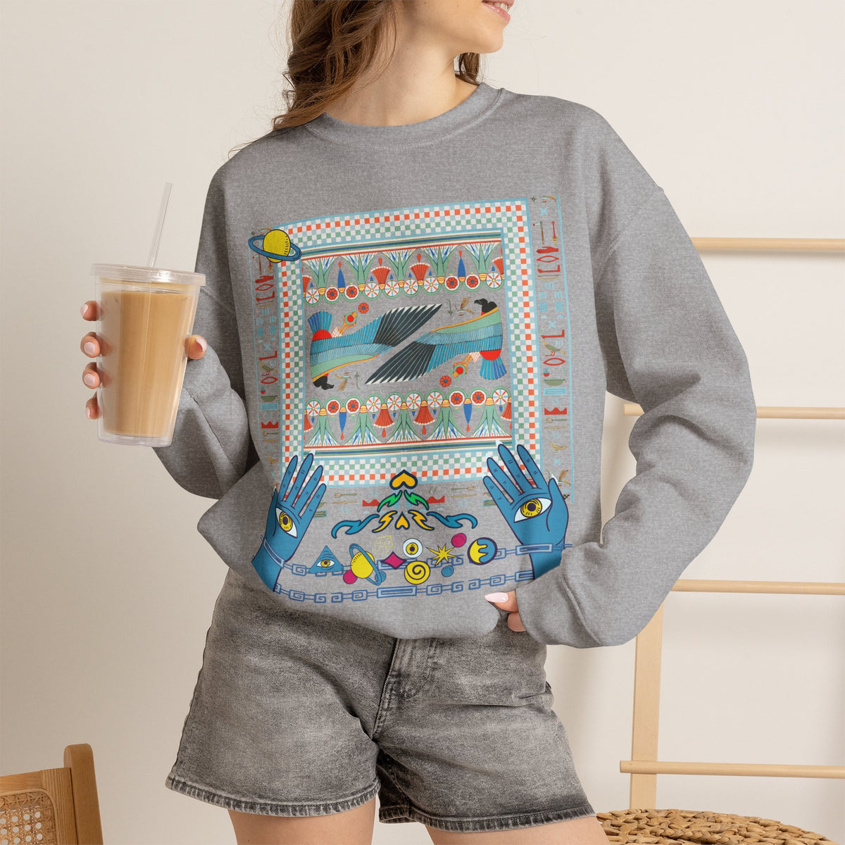 Folk Art Whale Sweatshirt - Boho Mystic Hands Crewneck, Retro Ocean Graphic Unisex Sweater