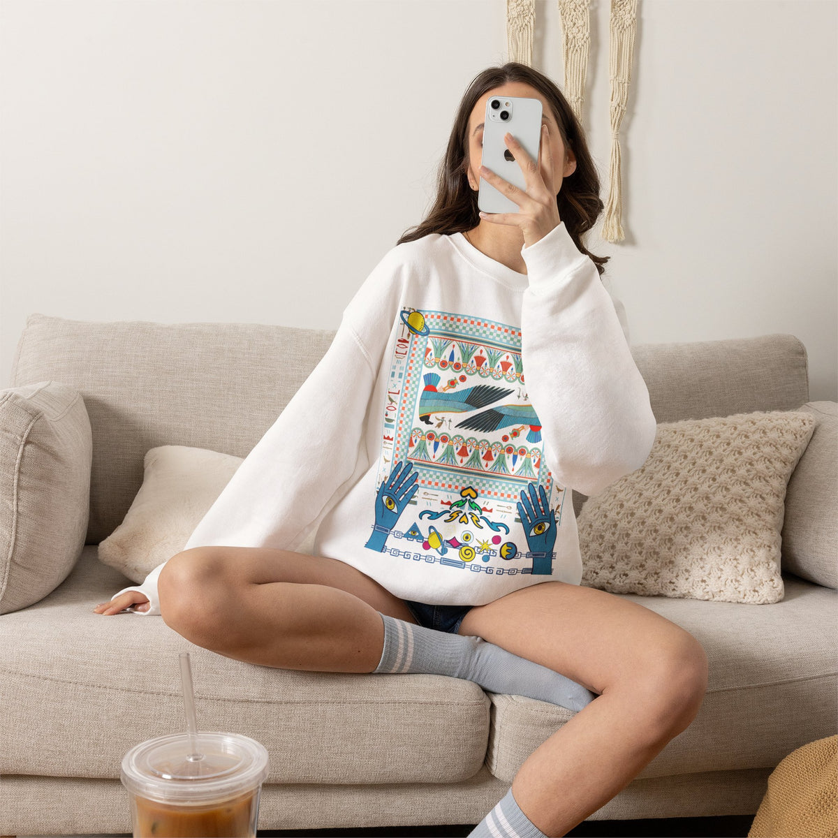 Folk Art Whale Sweatshirt - Boho Mystic Hands Crewneck, Retro Ocean Graphic Unisex Sweater