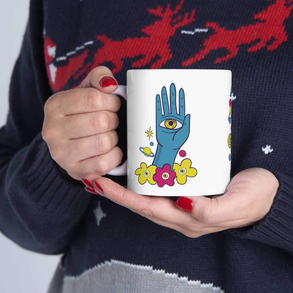 Mystic Hand Coffee Mug 11oz - Blue Hamsa All-Seeing Eye Ceramic Mug, Boho Celestial Floral Tea Cup Gift