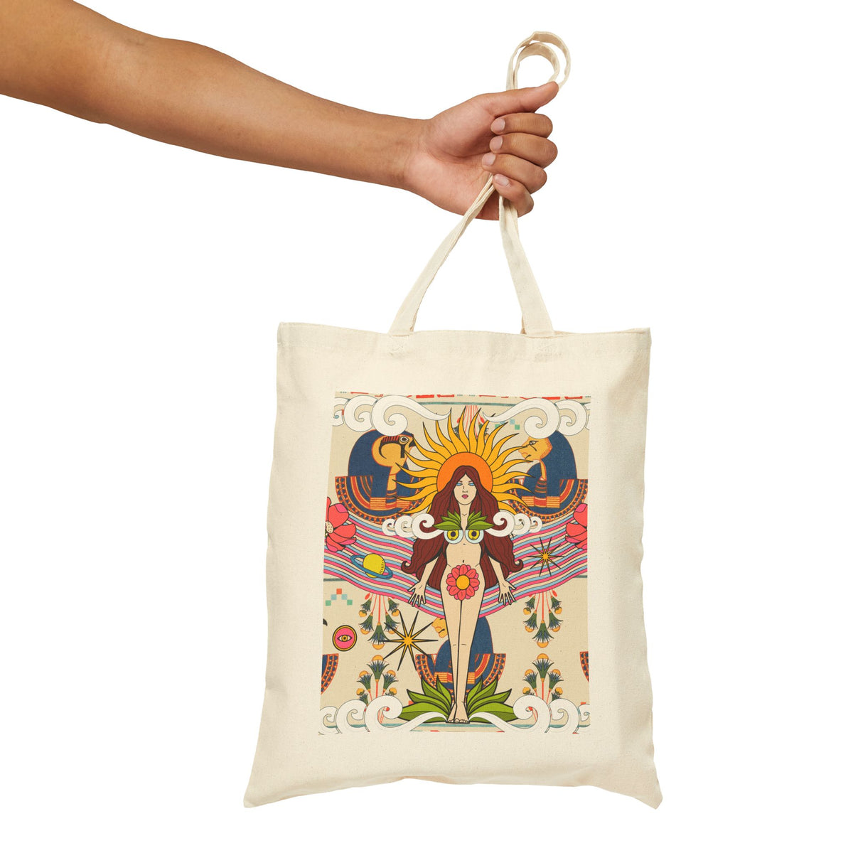 Psychedelic Sun Goddess Tote Bag | Boho Mystic Hands Tote