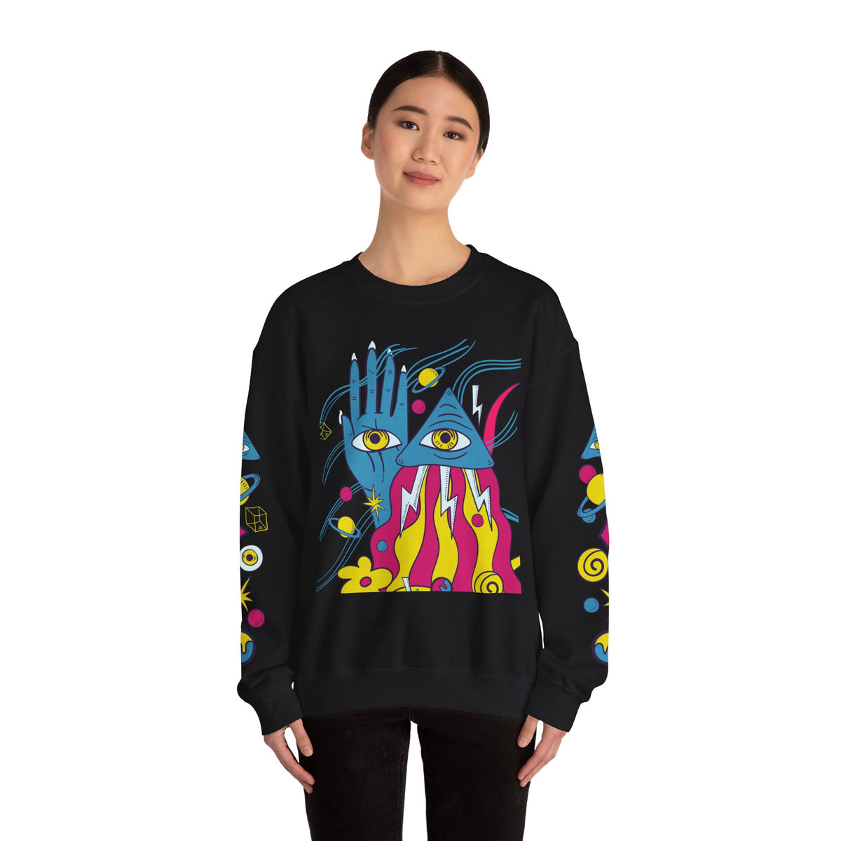 Psychedelic Third Eye Hand Sweatshirt - Cosmic All-Seeing Eye Crewneck with Neon Floral Sleeve Print