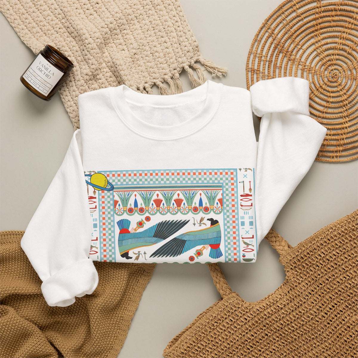 Folk Art Whale Sweatshirt - Boho Mystic Hands Crewneck, Retro Ocean Graphic Unisex Sweater