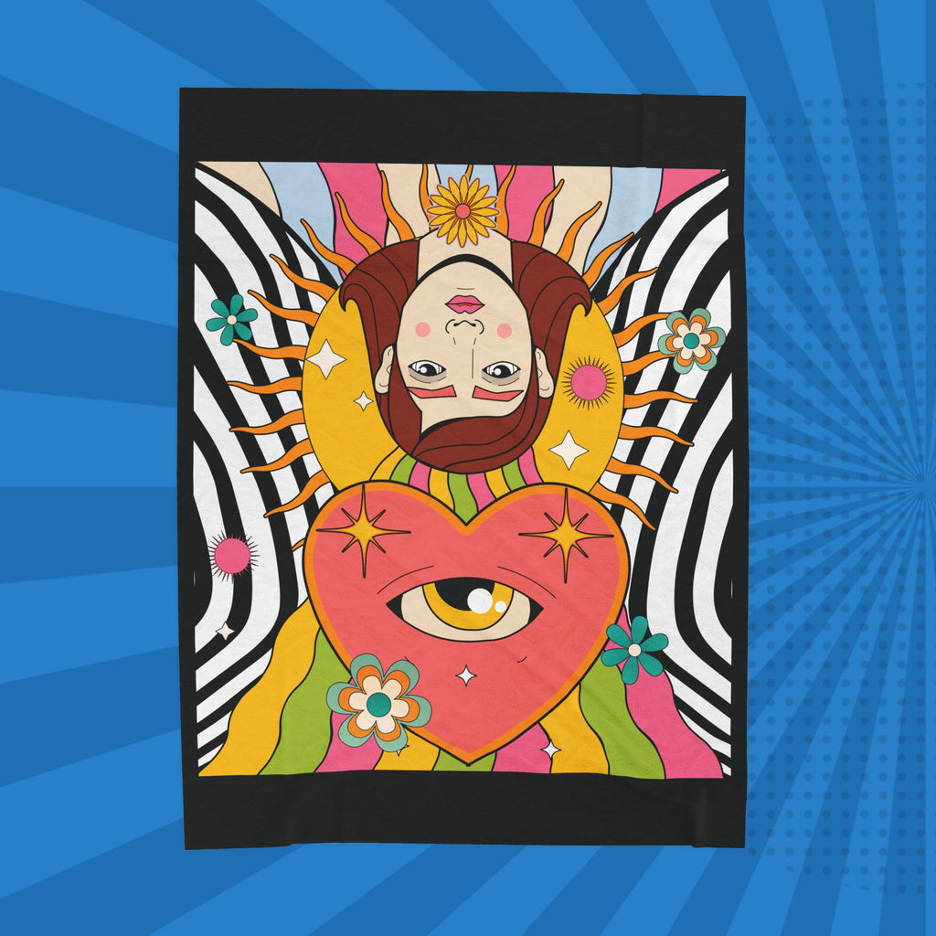 Psychedelic Heart Eye Illustration Velveteen Plush Blanket | Retro Rainbow Floral
