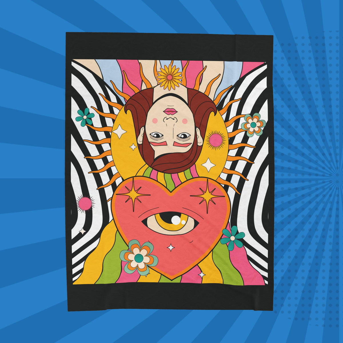 Psychedelic Heart Eye Illustration Velveteen Plush Blanket | Retro Rainbow Floral