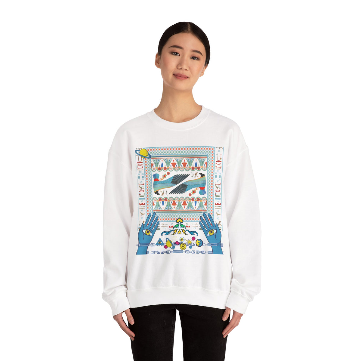 Folk Art Whale Sweatshirt - Boho Mystic Hands Crewneck, Retro Ocean Graphic Unisex Sweater