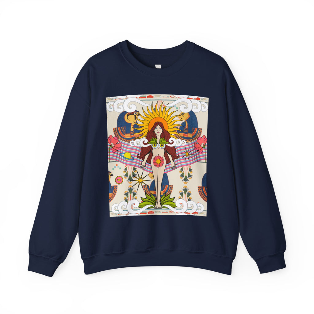Sun Goddess Illustration Crewneck Sweatshirt | Retro Boho Floral Art