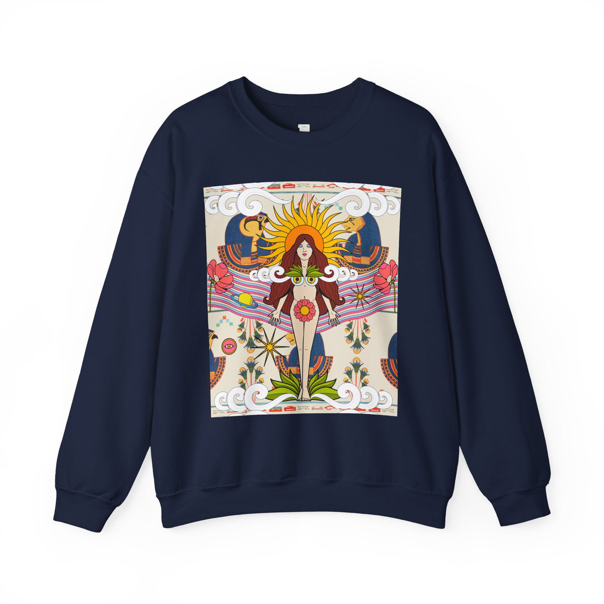 Sun Goddess Illustration Crewneck Sweatshirt | Retro Boho Floral Art