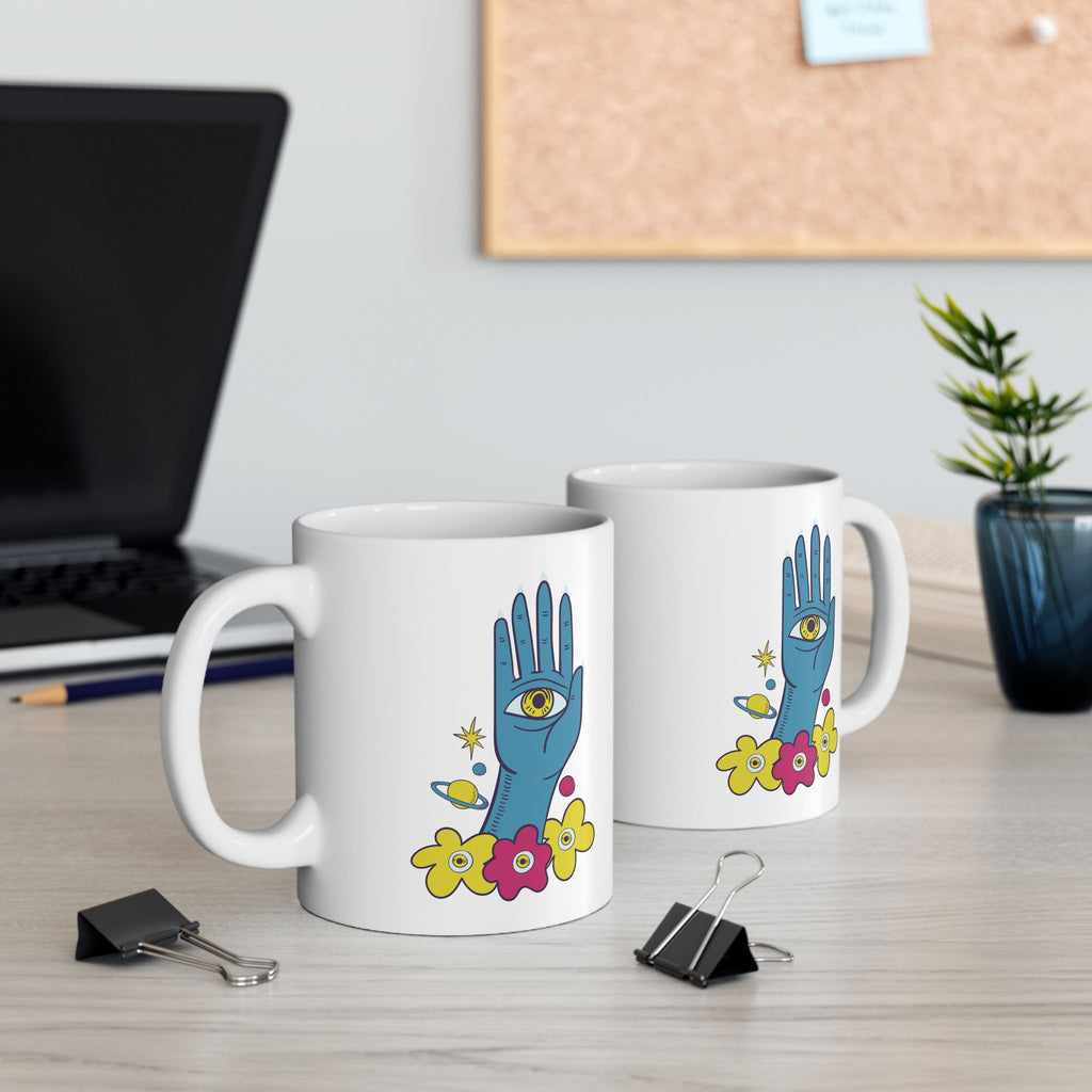 Mystic Hand Coffee Mug 11oz - Blue Hamsa All-Seeing Eye Ceramic Mug, Boho Celestial Floral Tea Cup Gift