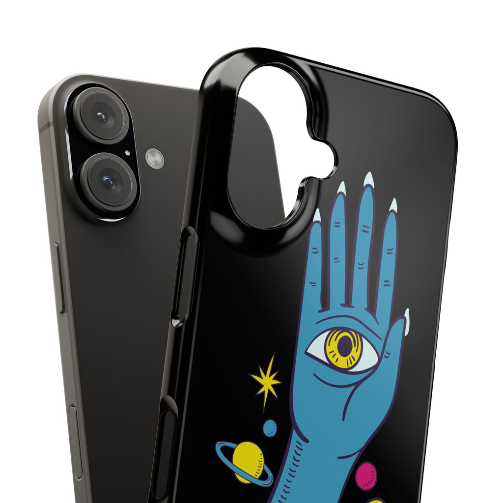 Mystic Hand iPhone 16 Case - Blue Hamsa All-Seeing Eye Phone Case, Boho Celestial Floral Glossy Case