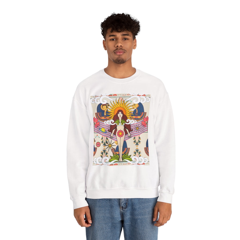 Sun Goddess Illustration Crewneck Sweatshirt | Retro Boho Floral Art