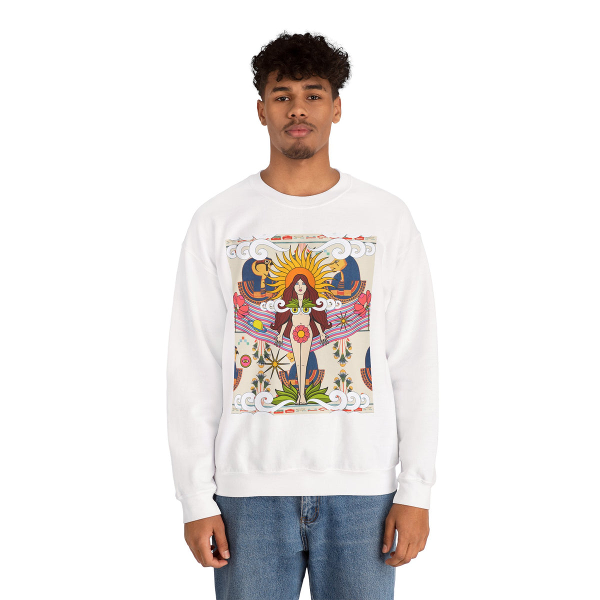 Sun Goddess Illustration Crewneck Sweatshirt | Retro Boho Floral Art