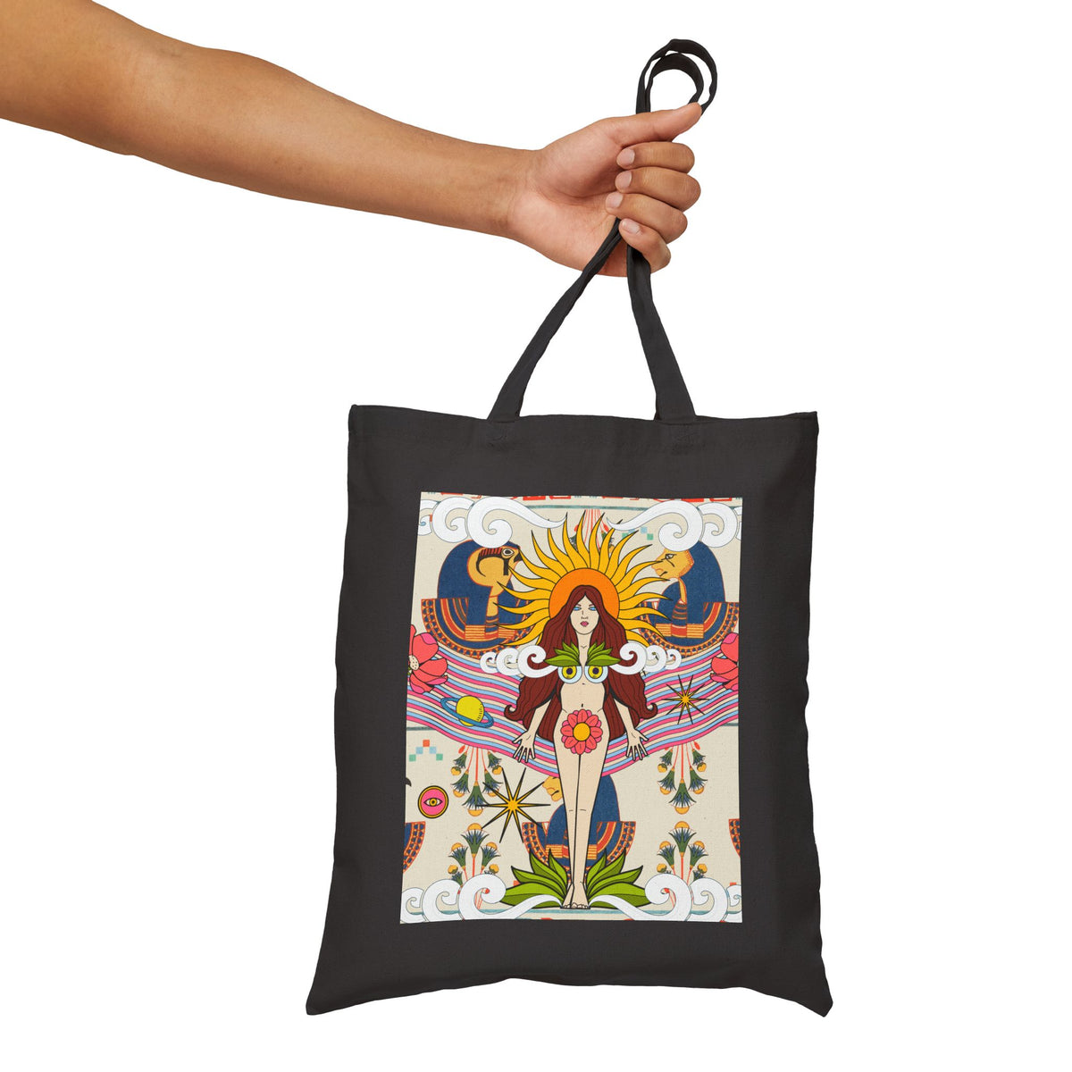 Psychedelic Sun Goddess Tote Bag | Boho Mystic Hands Tote