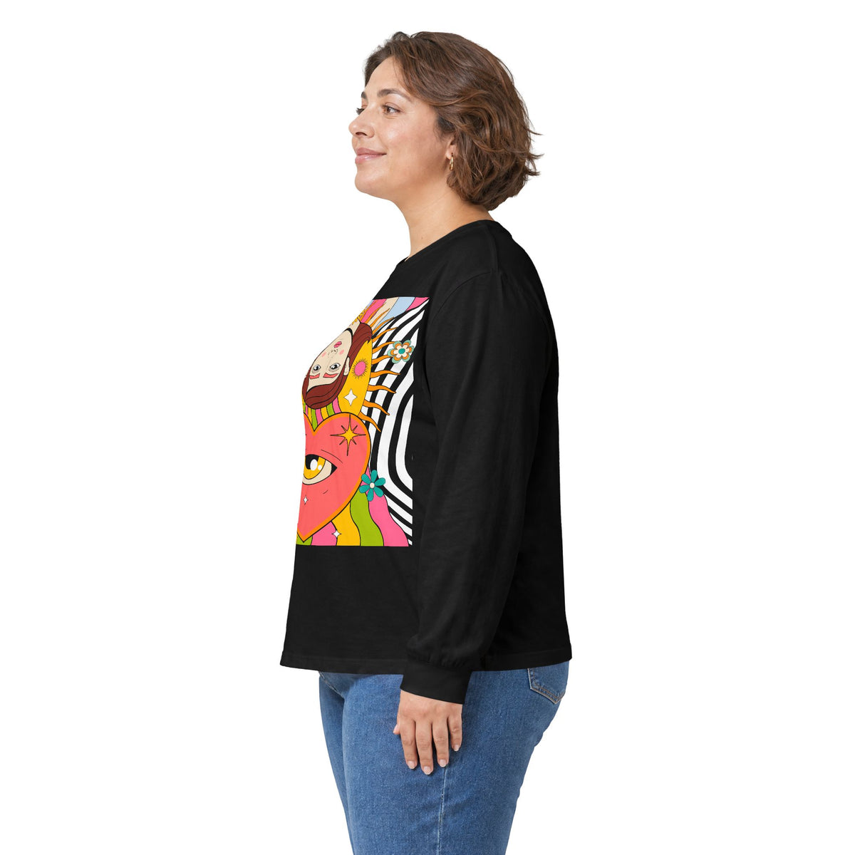 Psychedelic Sun Long Sleeve Shirt - Retro 70s Trippy Portrait Graphic Tee with Smiling Sun Back Print