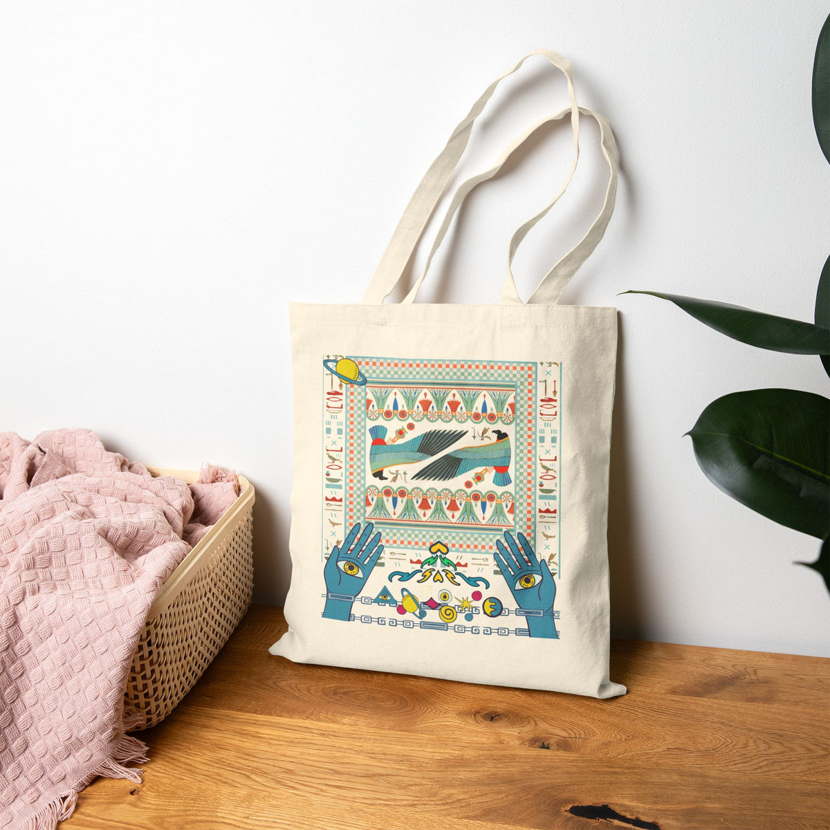Folk Art Whale Tote Bag - Boho Canvas Tote with Retro Ocean Illustration, Eco Market Bag