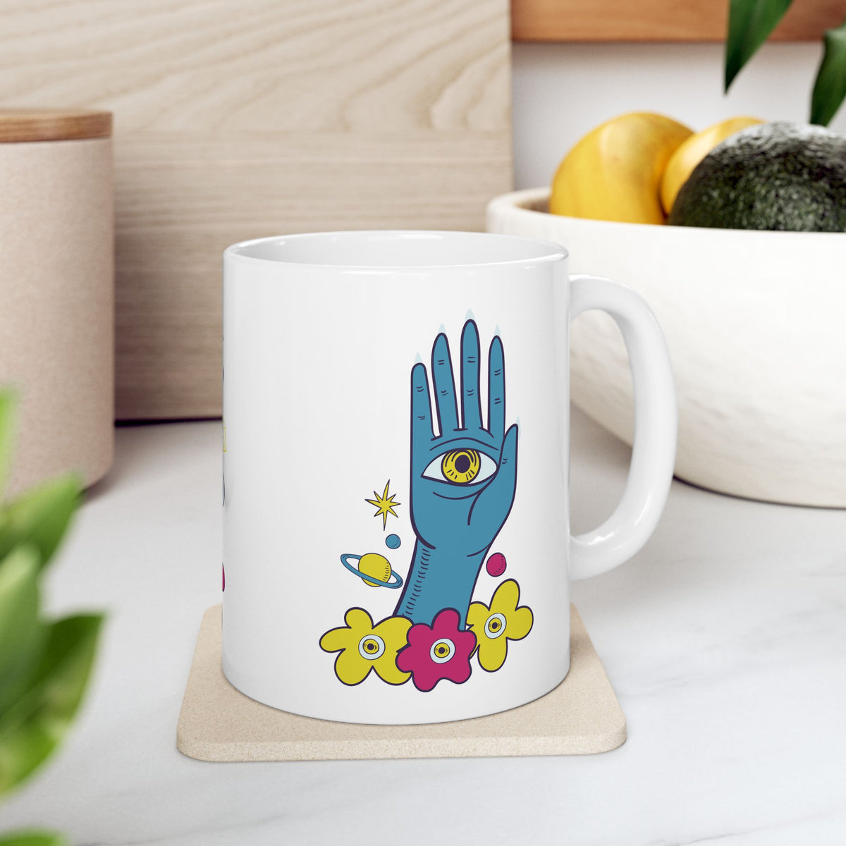 Mystic Hand Coffee Mug 11oz - Blue Hamsa All-Seeing Eye Ceramic Mug, Boho Celestial Floral Tea Cup Gift