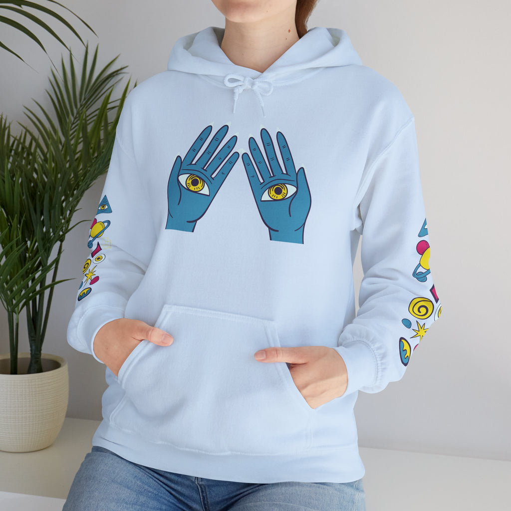 Blue Hand Eyes hoodie | Psychedelic Pattern Hoodie, Sleeve Graphic