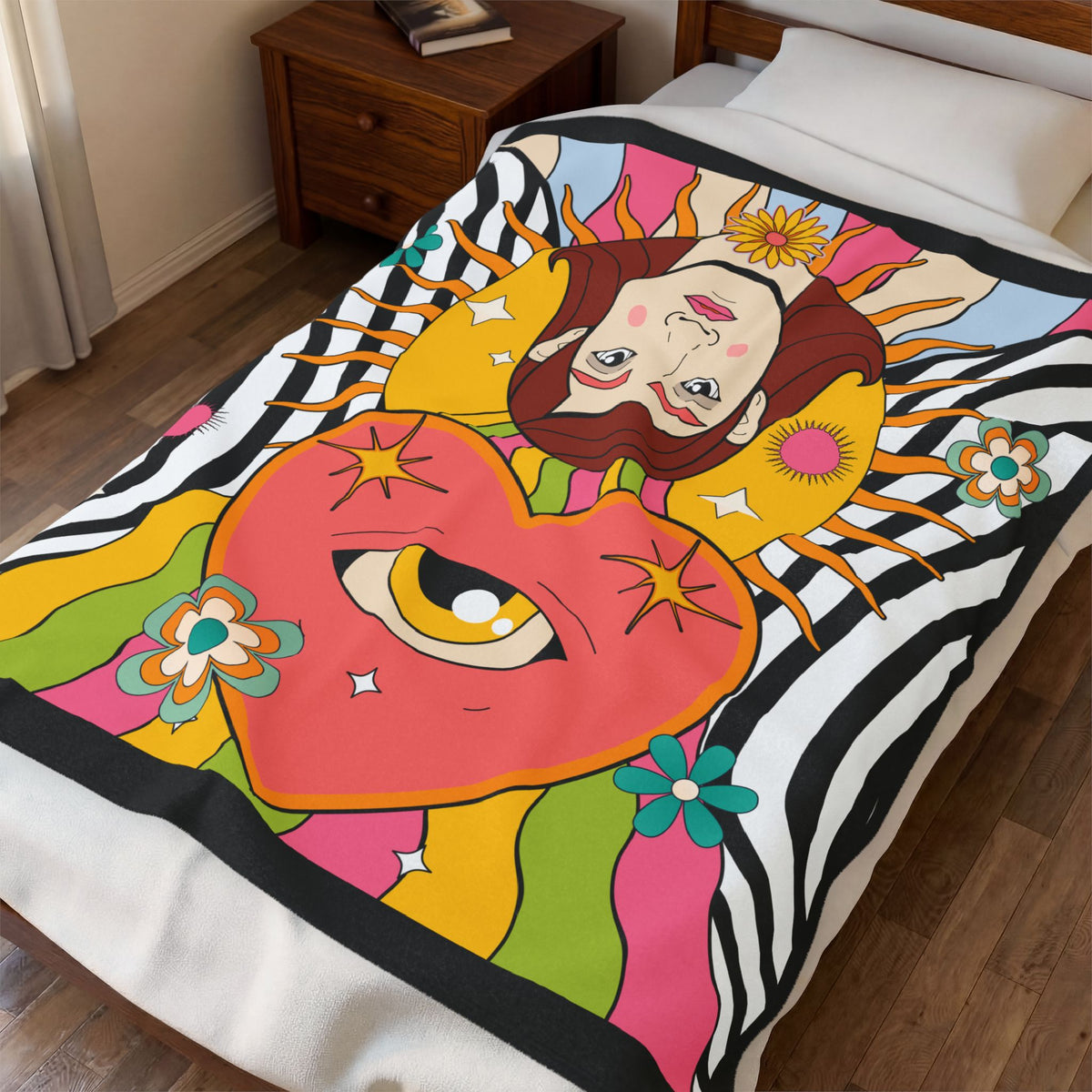 Psychedelic Heart Eye Illustration Velveteen Plush Blanket | Retro Rainbow Floral