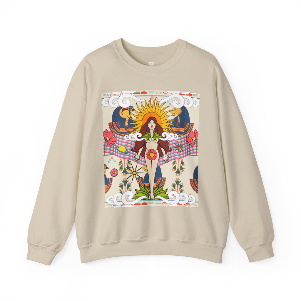 Sun Goddess Illustration Crewneck Sweatshirt | Retro Boho Floral Art