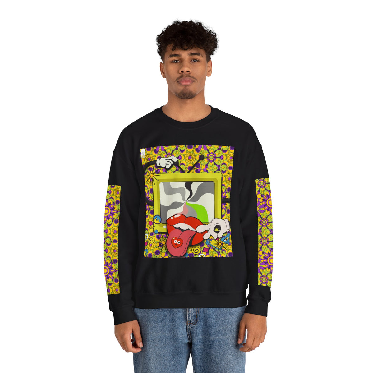 Psychedelic Tongue & TV Illustration Sweatshirt | Kaleidoscope Sleeve Art