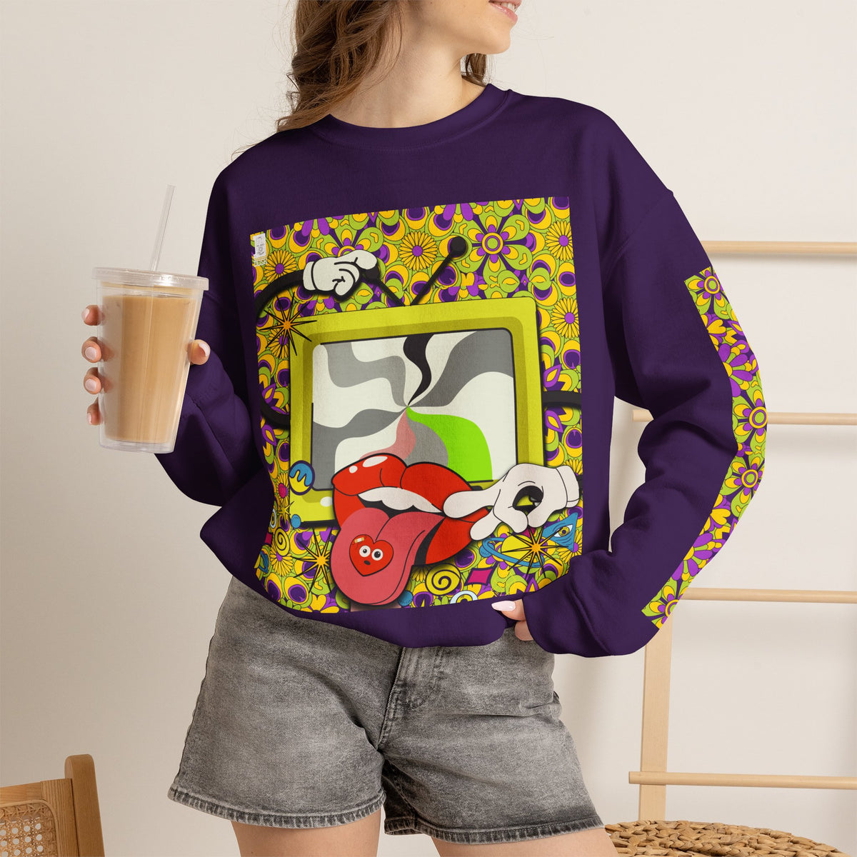 Psychedelic Tongue & TV Illustration Sweatshirt | Kaleidoscope Sleeve Art