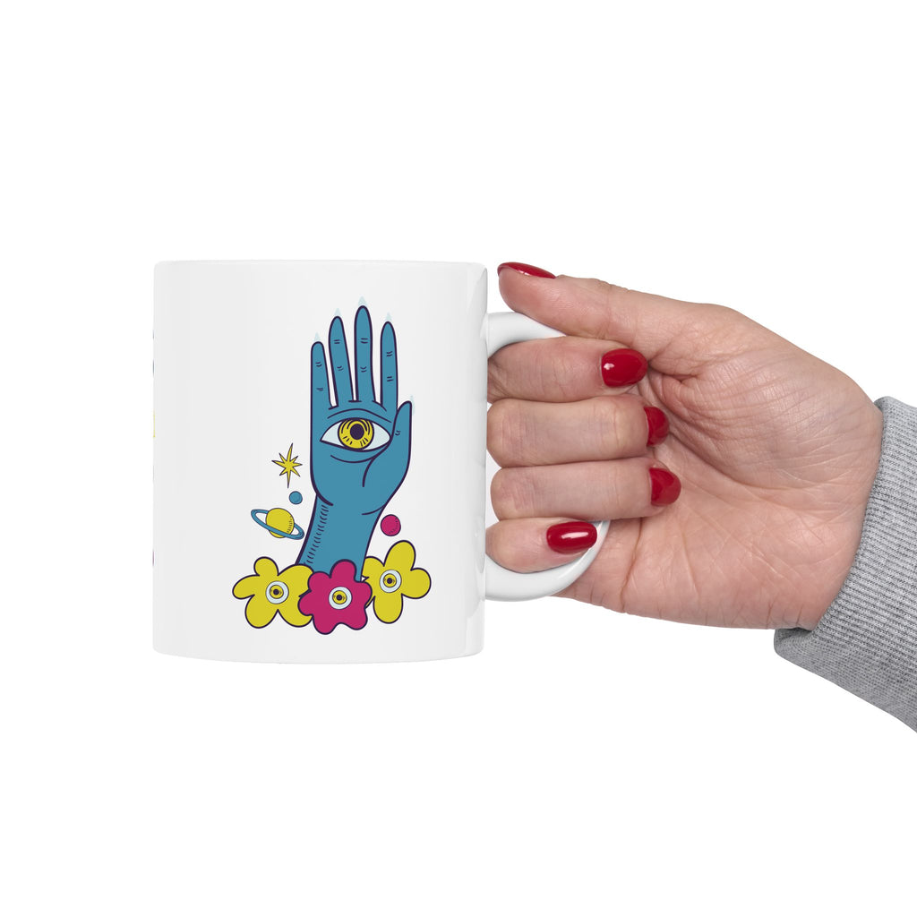 Mystic Hand Coffee Mug 11oz - Blue Hamsa All-Seeing Eye Ceramic Mug, Boho Celestial Floral Tea Cup Gift