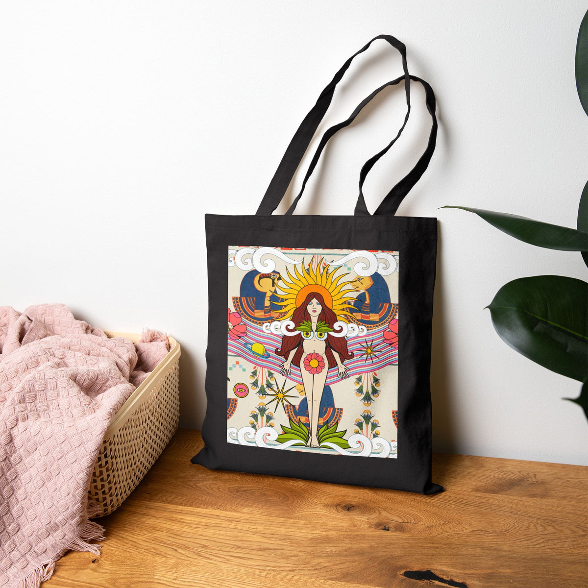 Psychedelic Sun Goddess Tote Bag | Boho Mystic Hands Tote