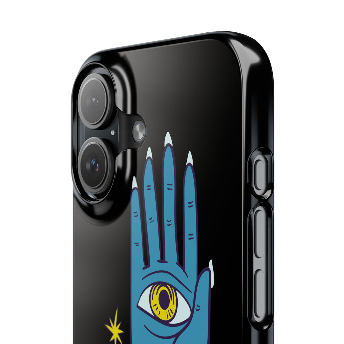 Mystic Hand iPhone 16 Case - Blue Hamsa All-Seeing Eye Phone Case, Boho Celestial Floral Glossy Case