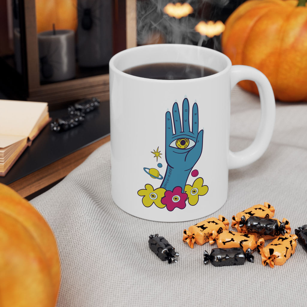 Mystic Hand Coffee Mug 11oz - Blue Hamsa All-Seeing Eye Ceramic Mug, Boho Celestial Floral Tea Cup Gift