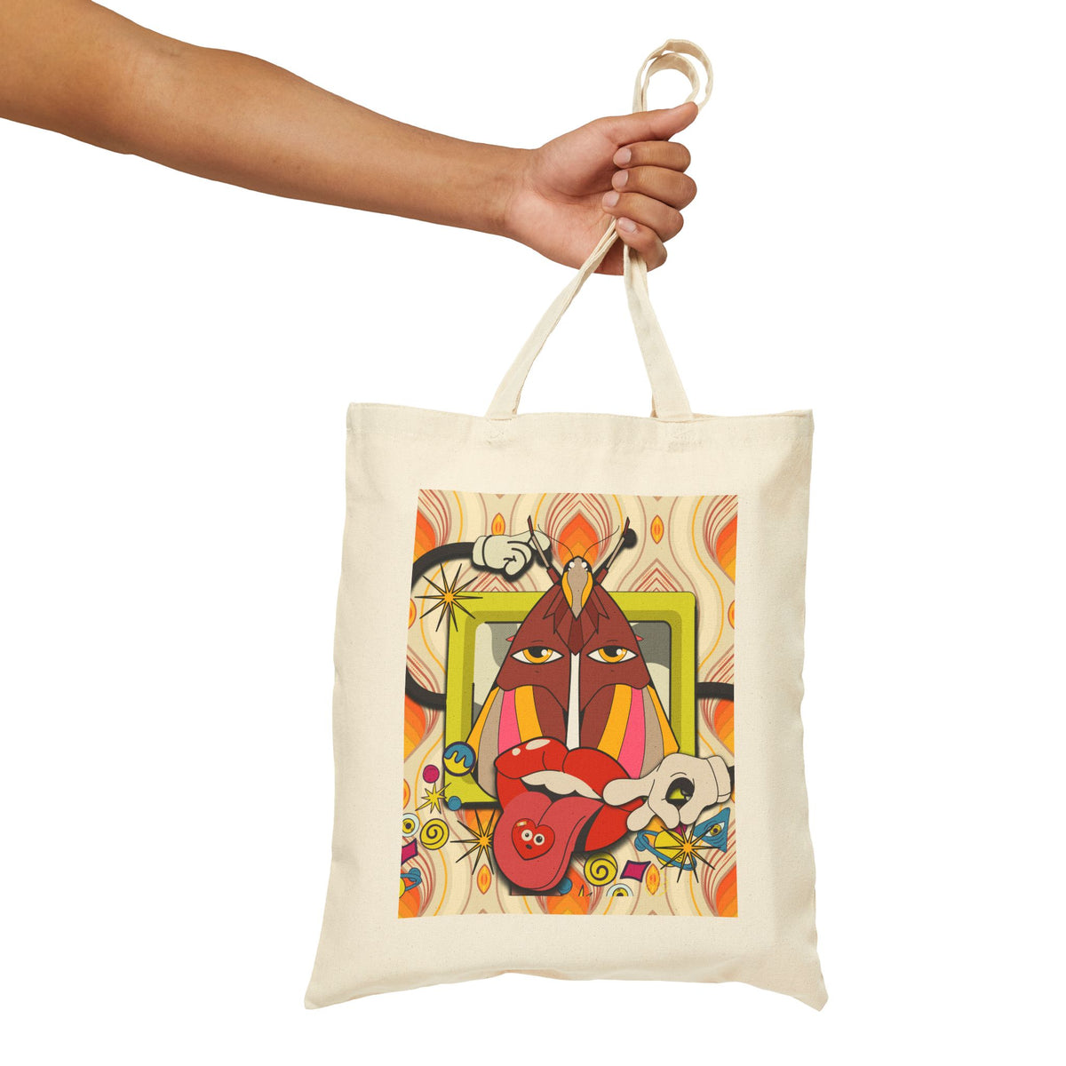 Abstract Retro Face Art Tote | Psychedelic Floral 70s Pattern