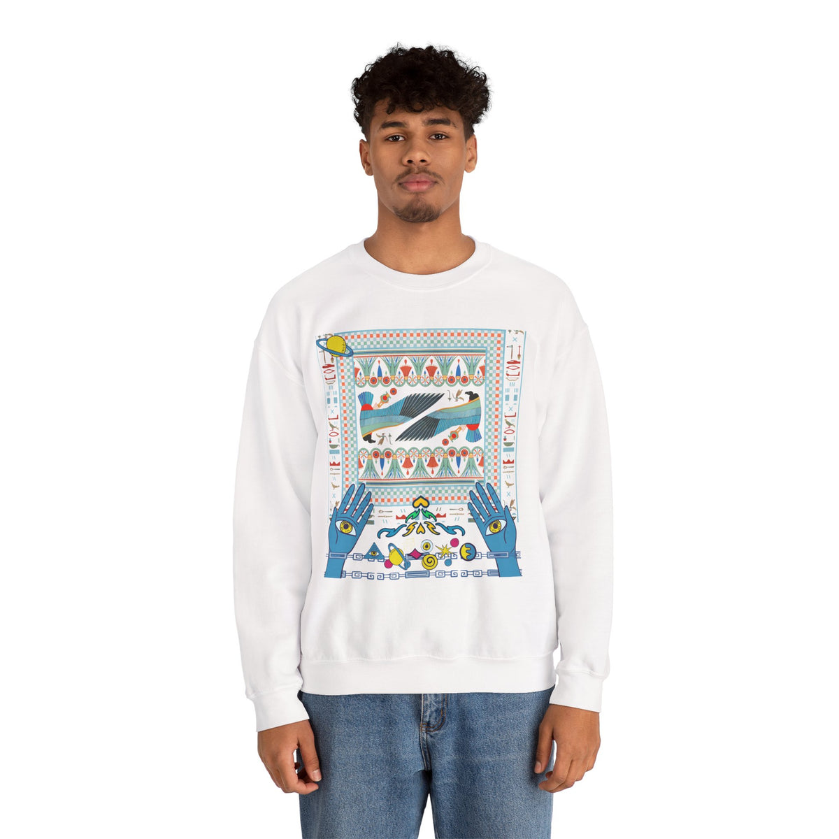 Folk Art Whale Sweatshirt - Boho Mystic Hands Crewneck, Retro Ocean Graphic Unisex Sweater