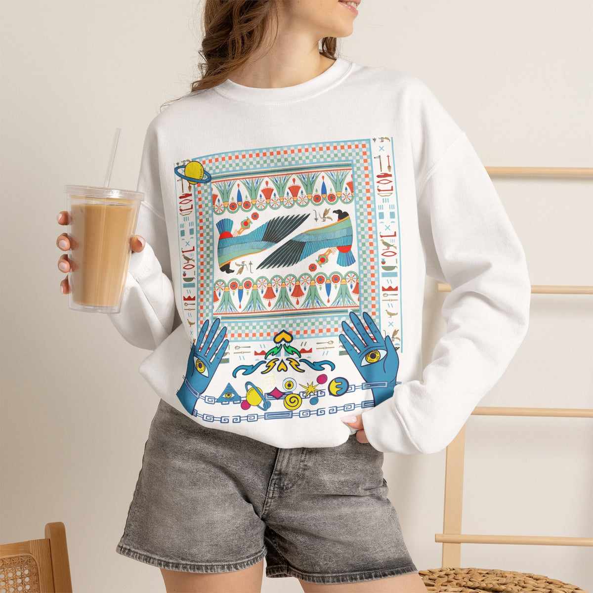 Folk Art Whale Sweatshirt - Boho Mystic Hands Crewneck, Retro Ocean Graphic Unisex Sweater