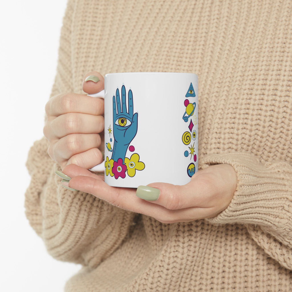 Mystic Hand Coffee Mug 11oz - Blue Hamsa All-Seeing Eye Ceramic Mug, Boho Celestial Floral Tea Cup Gift
