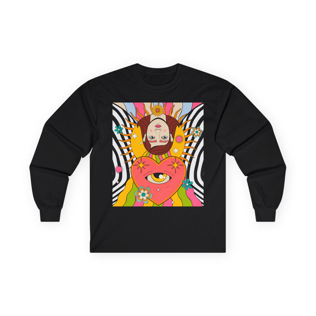 Psychedelic Sun Long Sleeve Shirt - Retro 70s Trippy Portrait Graphic Tee with Smiling Sun Back Print