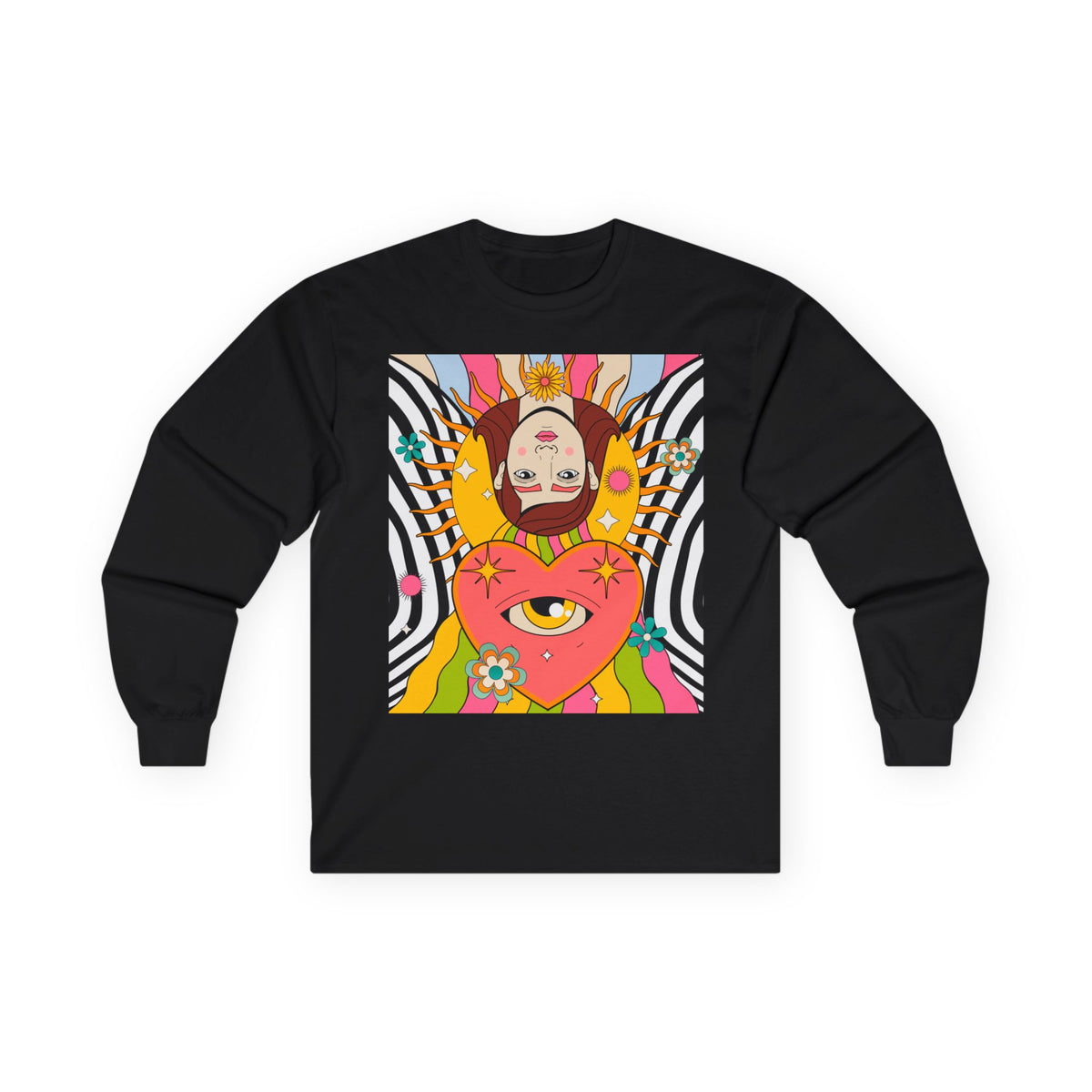 Psychedelic Sun Long Sleeve Shirt - Retro 70s Trippy Portrait Graphic Tee with Smiling Sun Back Print