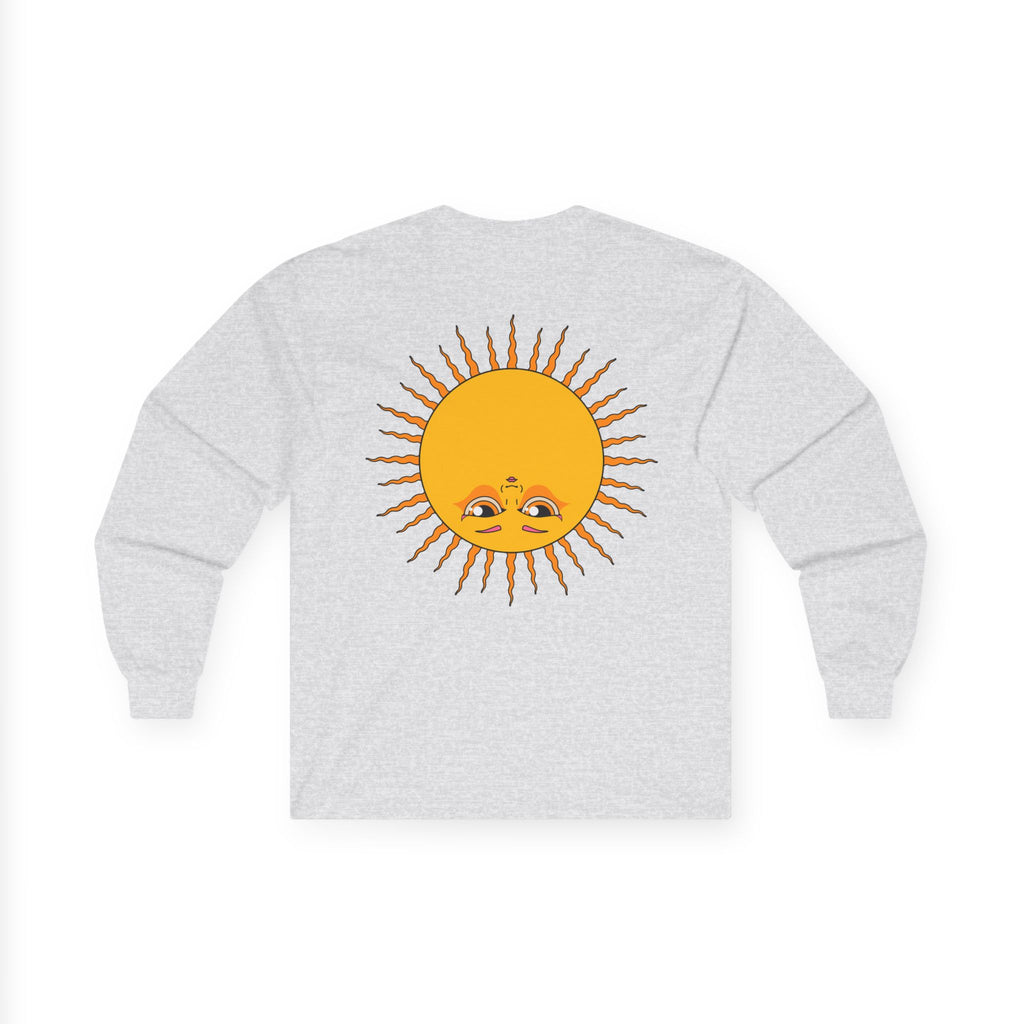 Psychedelic Sun Long Sleeve Shirt - Retro 70s Trippy Portrait Graphic Tee with Smiling Sun Back Print