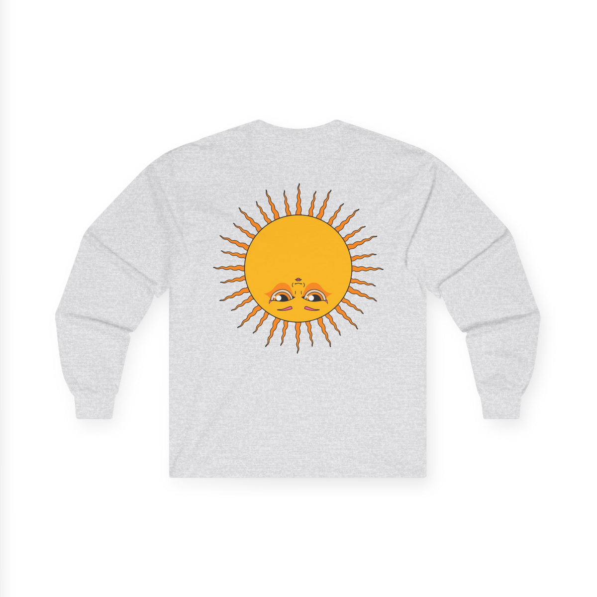 Psychedelic Sun Long Sleeve Shirt - Retro 70s Trippy Portrait Graphic Tee with Smiling Sun Back Print