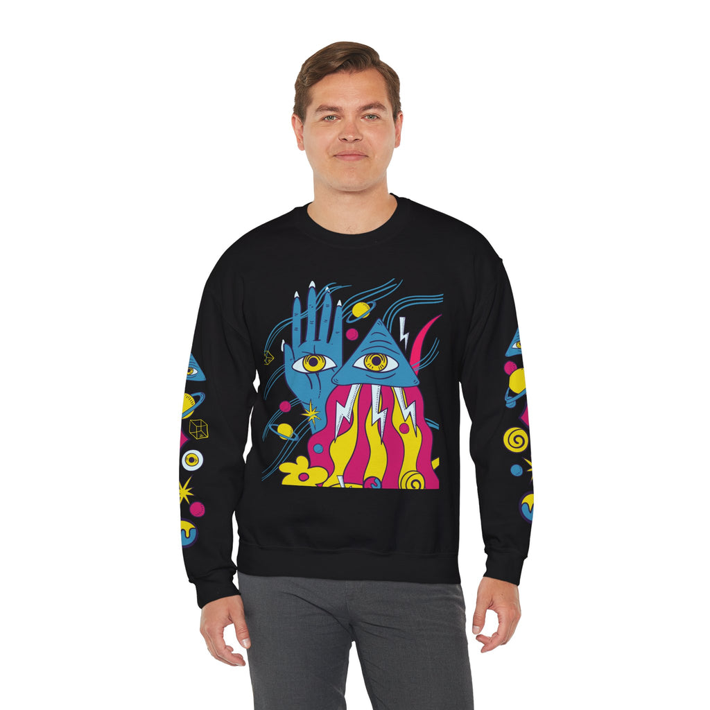 Psychedelic Third Eye Hand Sweatshirt - Cosmic All-Seeing Eye Crewneck with Neon Floral Sleeve Print