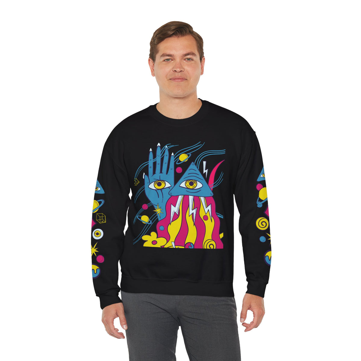 Psychedelic Third Eye Hand Sweatshirt - Cosmic All-Seeing Eye Crewneck with Neon Floral Sleeve Print