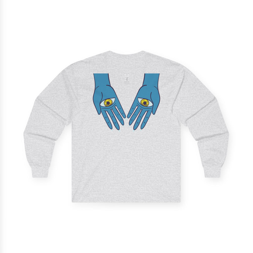 Psychedelic Sun Tiger Face long sleeve tee | Blue Hands Back Graphic