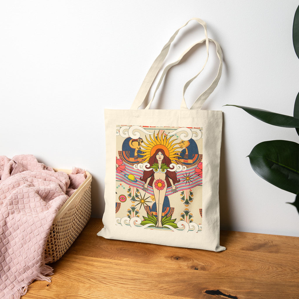 Psychedelic Sun Goddess Tote Bag | Boho Mystic Hands Tote